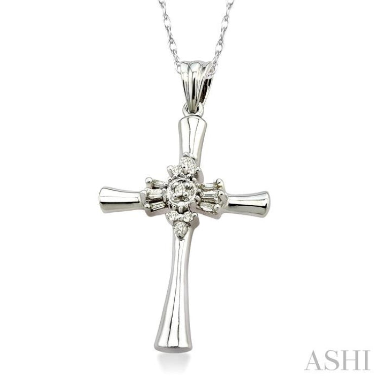 1/6 Ctw Baguette and Round Cut Diamond Cross Pendant in 10K White Gold with Chain