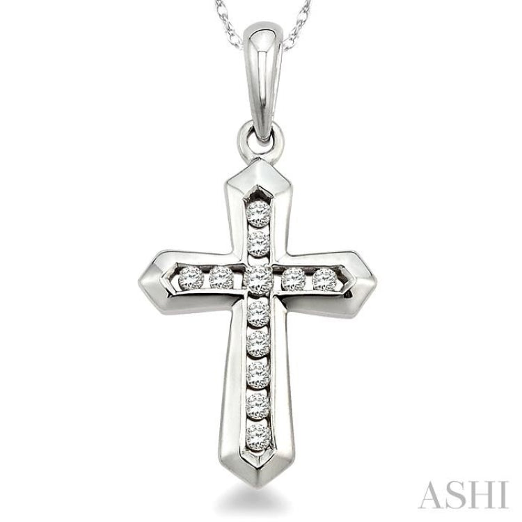 1/10 Ctw Round Cut Diamond Cross Pendant in 14K White Gold with Chain