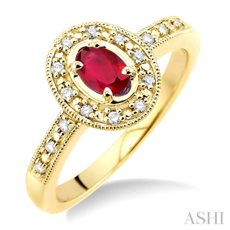 5x3 MM oval cut Ruby and 1/10 Ctw Single Cut Diamond Ring in 10K Yellow Gold.