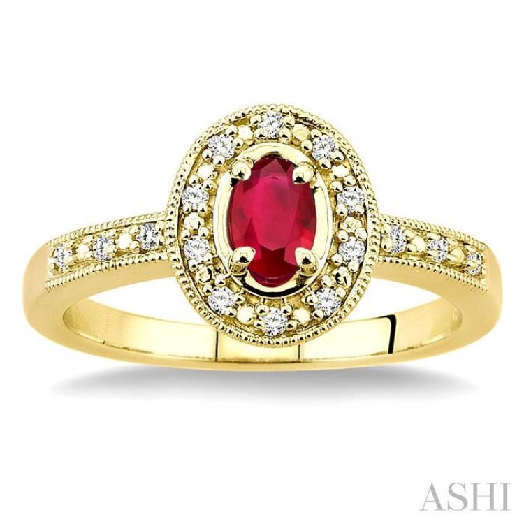 5x3 MM oval cut Ruby and 1/10 Ctw Single Cut Diamond Ring in 10K Yellow Gold.