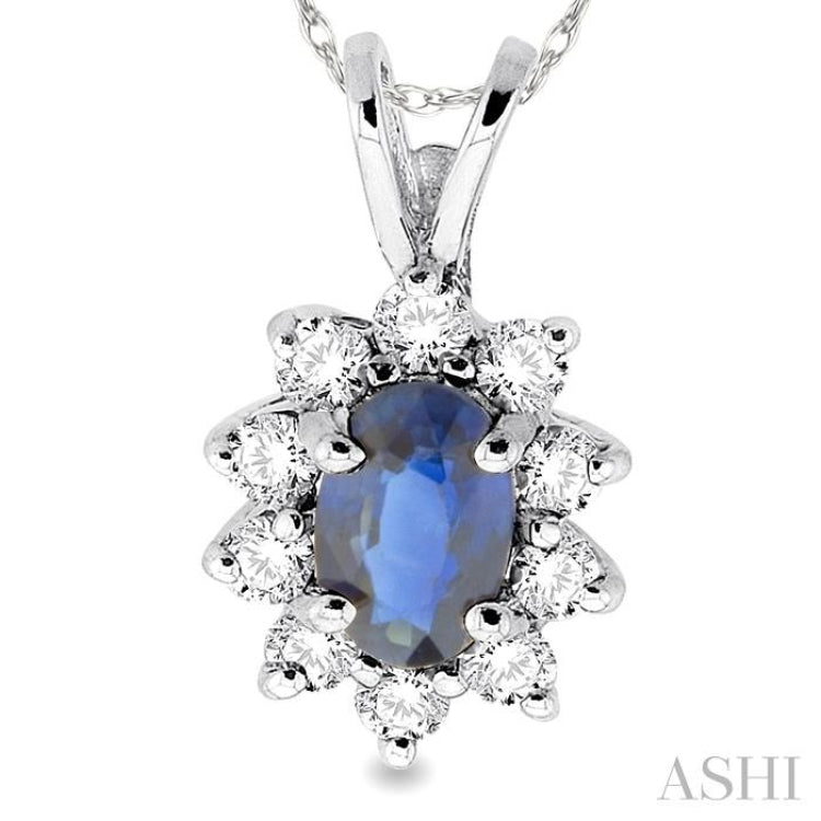 6x4MM Oval Cut Sapphire and 1/4 Ctw Round Cut Diamond Pendant in 14K White Gold with Chain