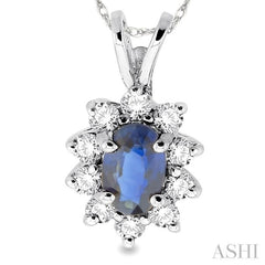 6x4MM Oval Cut Sapphire and 1/4 Ctw Round Cut Diamond Pendant in 14K White Gold with Chain