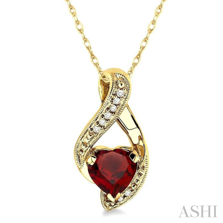 7X7mm Heart Shape Garnet and 1/20 Ctw Single Cut Diamond Semi Precious Pendant in 10K Yellow Gold with Chain