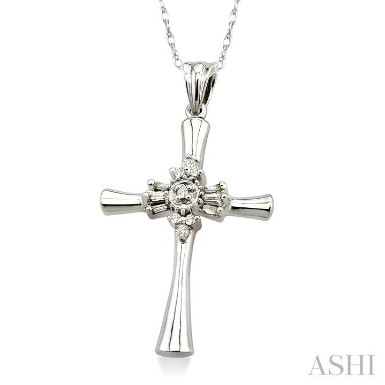 1/6 Ctw Baguette and Round Cut Diamond Cross Pendant in 14K White Gold with Chain