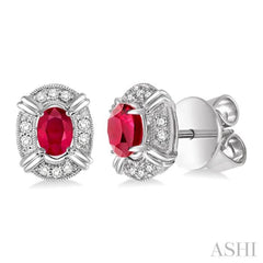 5x3 MM Oval Cut Ruby and 1/10 Ctw Single Cut Diamond Earrings in 14K White Gold