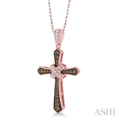 1/4 Ctw Round Cut White and Champagne Brown Diamond Cross Pendant in 10K Rose Gold with Chain