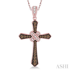 1/4 Ctw Round Cut White and Champagne Brown Diamond Cross Pendant in 10K Rose Gold with Chain