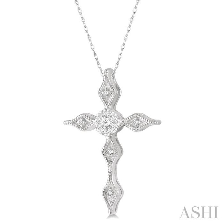 1/8 Ctw Pointed Tip Marquise Cross Charm Round Cut Diamond Pendant With Chain in 14K White Gold