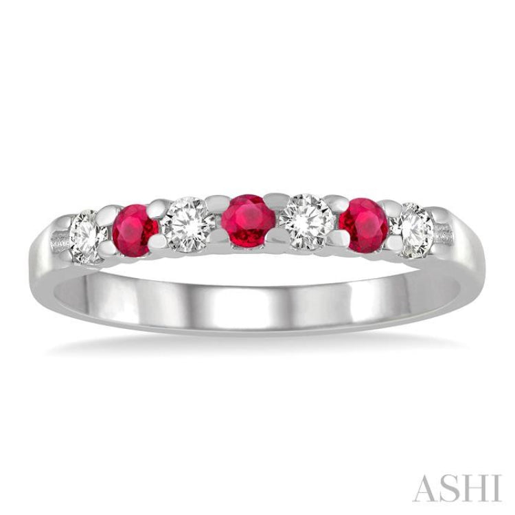 1/5 ctw Round Cut Diamond and 2.3MM Ruby Precious Wedding Band in 14K White Gold