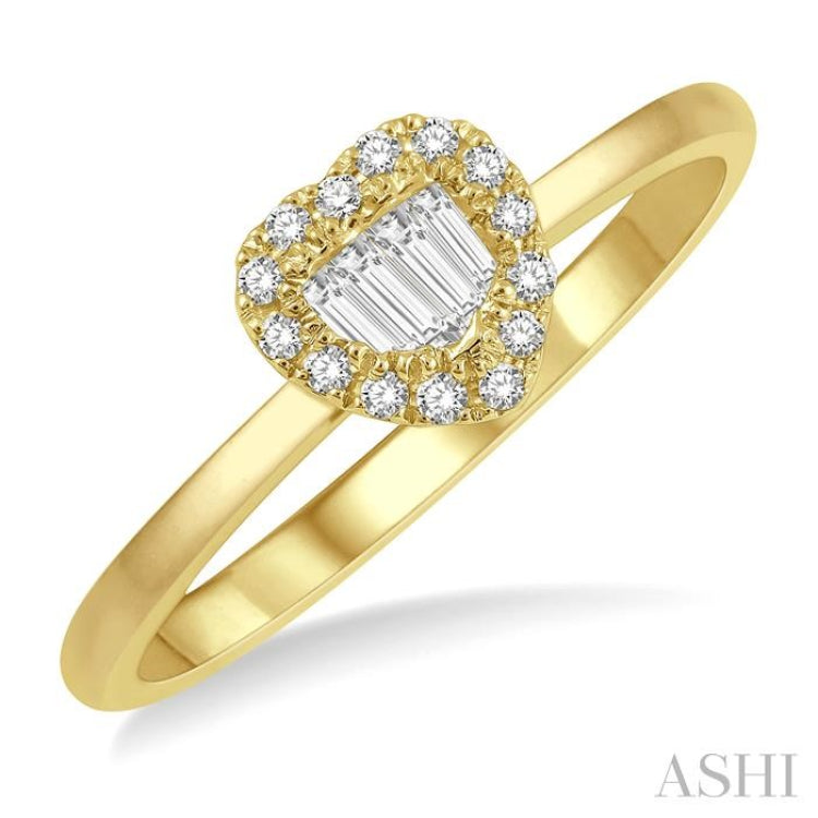 1/5 ctw Heart Shape Baguette and Round Cut Diamond Ladies Ring in 14K Yellow Gold