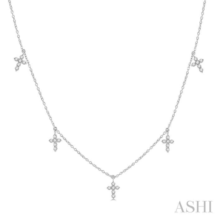 1/3 Ctw Cross Charm Round Cut Diamond Station Necklace in 14K White Gold