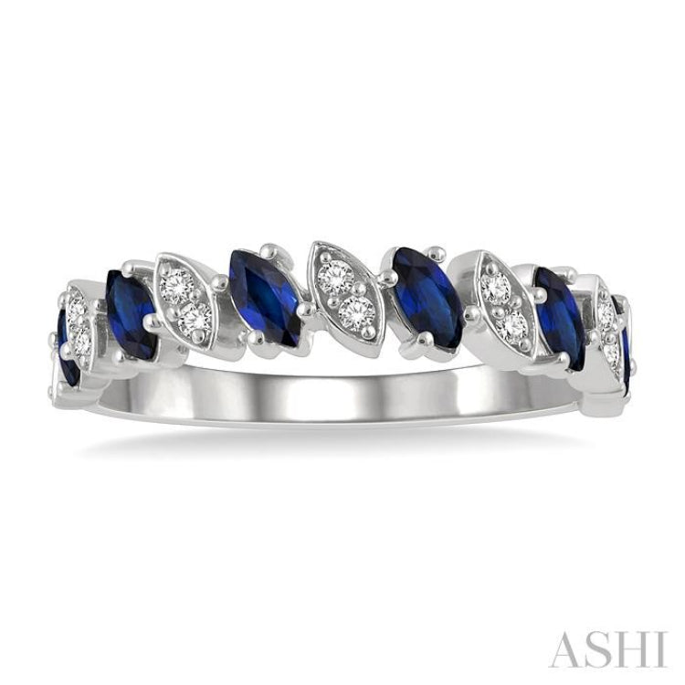 1/10 Ctw Marquise Shape 4x2 MM Sapphire and Round Cut Diamond Precious Band in 14K White Gold