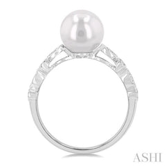 1/10 ctw 8x8MM Cultured Pearl and Round Cut Diamond Ring in 14K White Gold