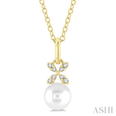 1/50 ctw Petite Floral Round Cut Diamond and 6X6 MM Cultured Pearl Fashion Pendant With Chain in 10K Yellow Gold