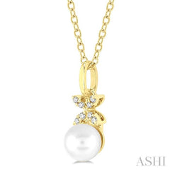 1/50 ctw Petite Floral Round Cut Diamond and 6X6 MM Cultured Pearl Fashion Pendant With Chain in 10K Yellow Gold