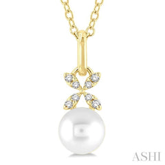 1/50 ctw Petite Floral Round Cut Diamond and 6X6 MM Cultured Pearl Fashion Pendant With Chain in 10K Yellow Gold