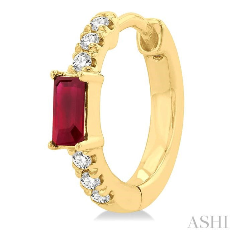 1/8 ctw Petite 4X2 MM Ruby and Round Cut Diamond Fashion Huggies in 10K Yellow Gold