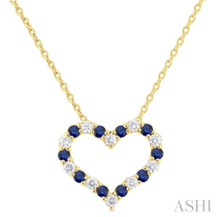 1/8 ctw Open Heart 1.4 MM Round Cut Sapphire and Round Cut Diamond Precious  Fashion Pendant With Chain in 14K Yellow Gold