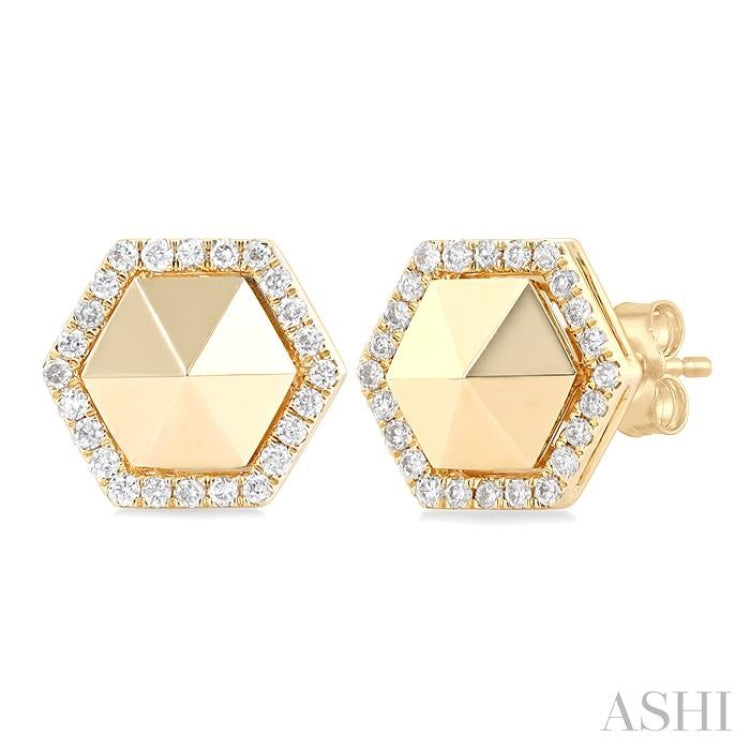 1/4 ctw Petite Hexagon Single Cut Diamond Halo Fashion Stud Earrings in 14K Yellow Gold