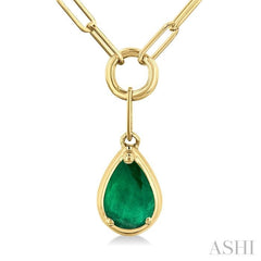 6x4 MM Pear Cut Emerald Solitaire Precious Paperclip Pendant With Chain in 14K Yellow Gold