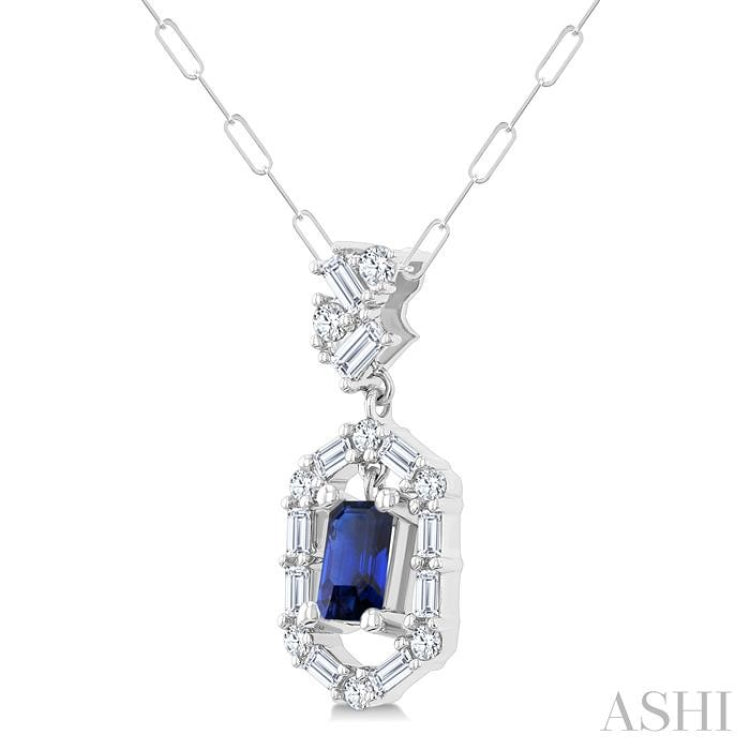 5x3 MM Emerald Cut Sapphire and 1/3 Ctw Baguette & Round Cut Diamond Precious Fashion Pendant With Chain in 14K White Gold