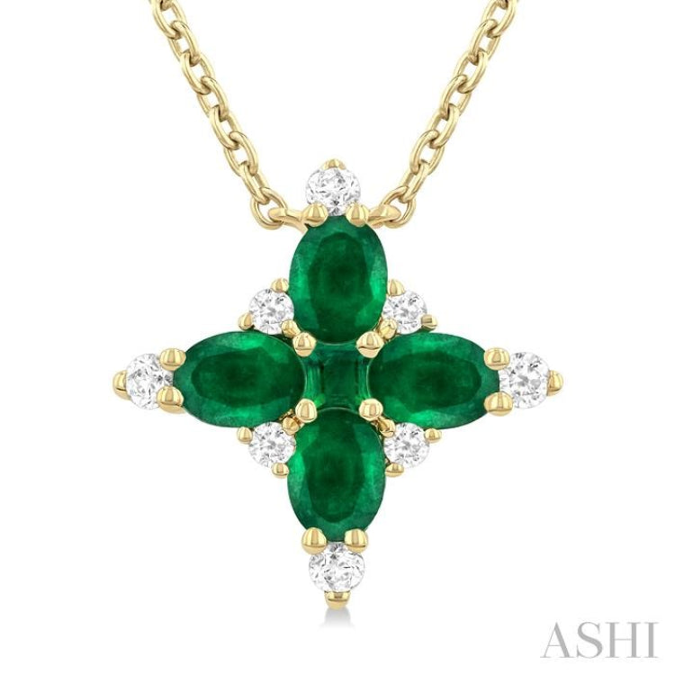 4x3 MM Oval Cut & 2 MM Princess Cut Emerald and 1/10 Ctw Round Cut Diamond Floral Design Pendant With Chain in 14K Yellow Gold