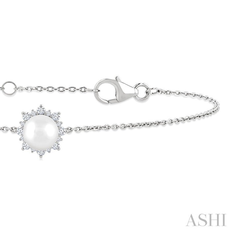 6 MM Round Shape Cultured Pearl and 1/10 Ctw Petite Round Cut Diamond Halo Bracelet in 10K White Gold