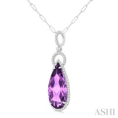 22X10 MM Pear Cut Amethyst and 1/3 Ctw Round Cut Diamond Halo Semi-Precious Pendant With Chain in 14K White Gold