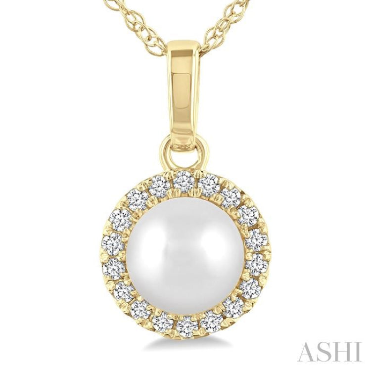 5 MM Cultured White Pearl and 1/20 Ctw Single Cut Diamond Halo Pendant With Chain in 14K Yellow Gold
