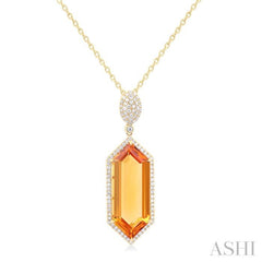 26x10 MM Hexagon Shape Citrine and 1/2 Ctw Round Cut Diamond Halo Semi-Precious Pendant With Chain in 14K Yellow Gold