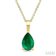 6X4 MM Pear Shape Emerald Precious Solitaire Pendant With Chain in 14K Yellow Gold