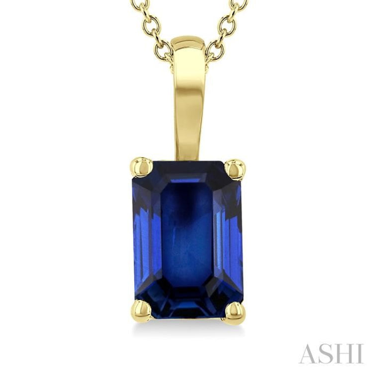 6X4 MM Octagon Shape Sapphire Precious Solitaire Pendant With Chain in 14K Yellow Gold