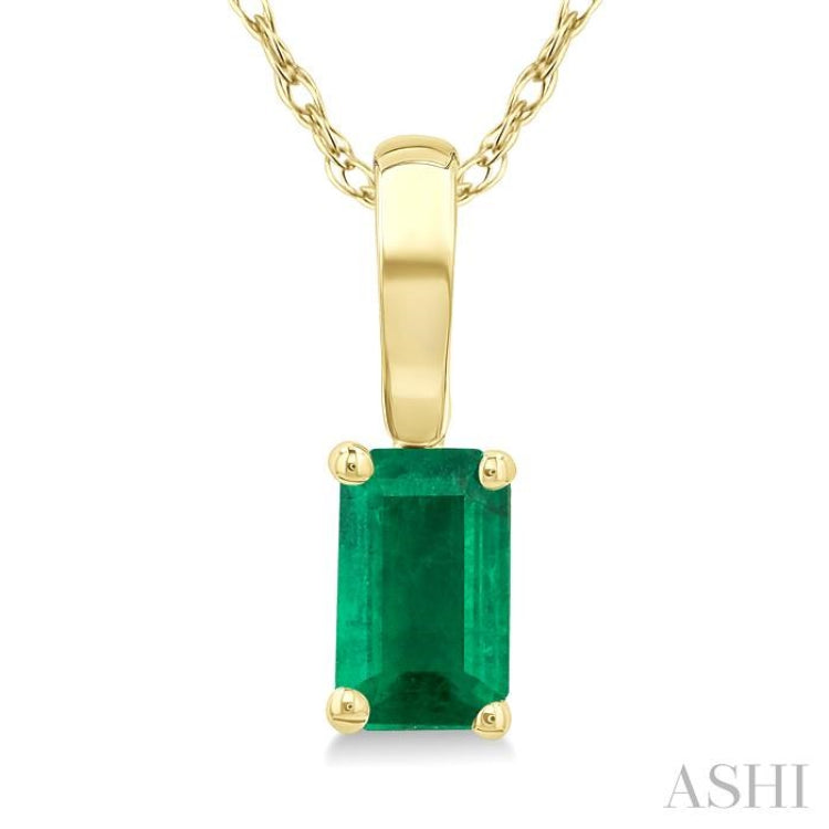 5X3 MM Octagon Shape Emerald Precious Solitaire Pendant With Chain in 14K Yellow Gold