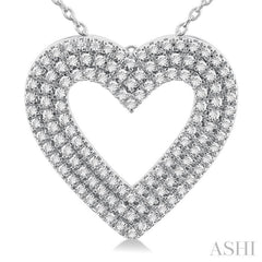 3/8 Ctw Heart Shape Triple Row Round Cut Diamond Fashion Pendant With Chain in 14K White Gold