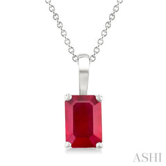 6X4 MM Octagon Shape Ruby Precious Solitaire Pendant With Chain in 14K White Gold