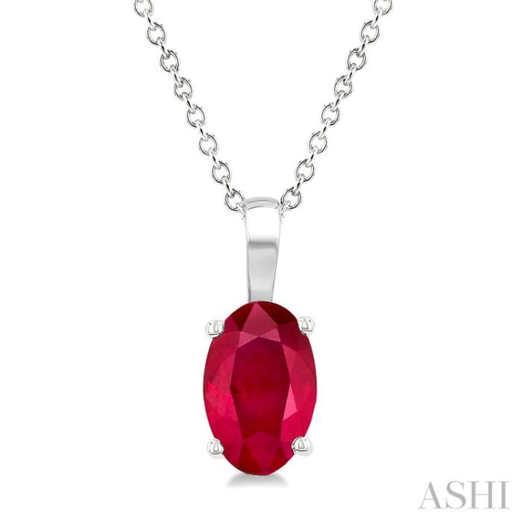 6X4 MM Oval Shape Ruby Precious Solitaire Pendant With Chain in 14K White Gold