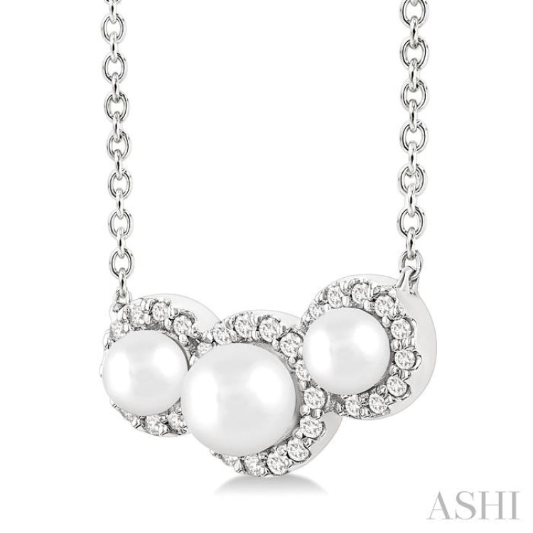 1/8 Ctw Past, Present & Future 4MM & 3MM Cultured Pearl and Round Cut Diamond Halo Pendant With Chain in 14K White Gold