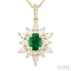 7x5 MM Oval Cut Emerald and 1 Ctw Pear & Round Cut Diamond Precious Pendant With Chain in 14K Yellow Gold