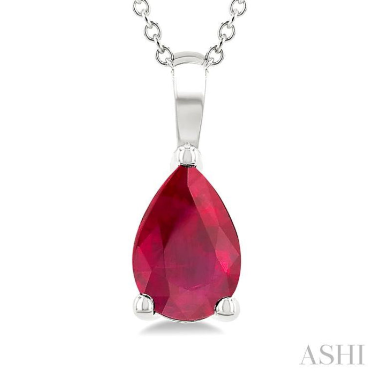 6X4 MM Pear Shape Ruby Precious Solitaire Pendant With Chain in 14K White Gold