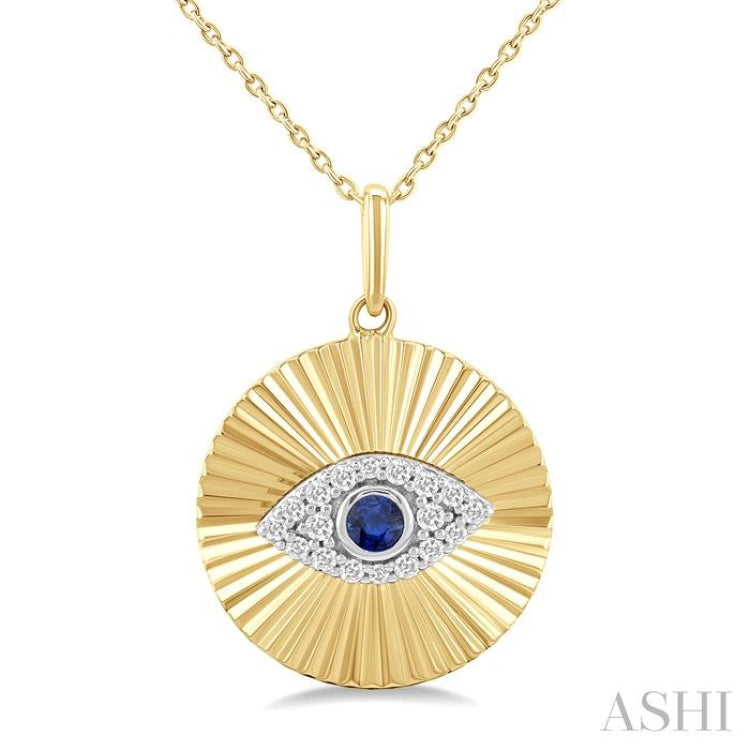 1/8 Ctw Fluted Evil Eye 2.5MM Sapphire and Round Cut Diamond Precious Fashion Pendant in 14K Yellow and White Gold