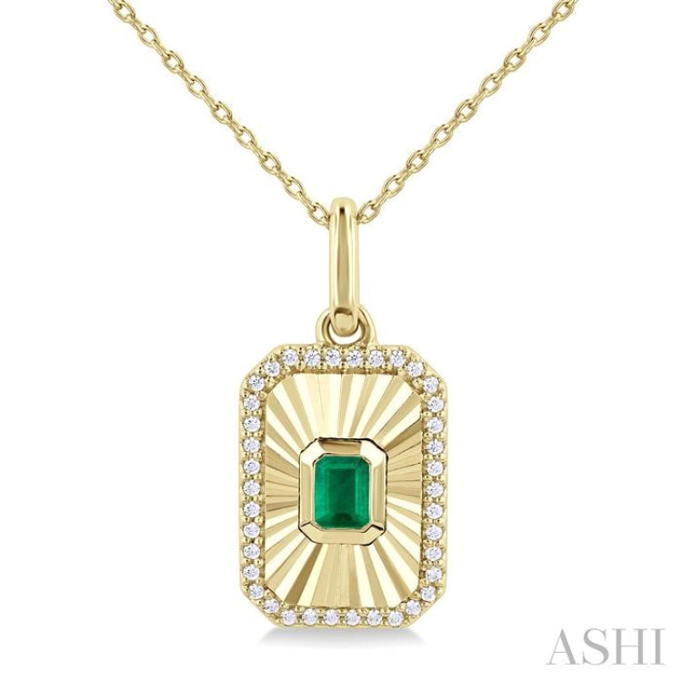 4X3 MM Octagon Shape Emerald and 1/8 Ctw Round Cut Diamond Precious Fluted Medallion Pendant in 10K Yellow Gold with Chain