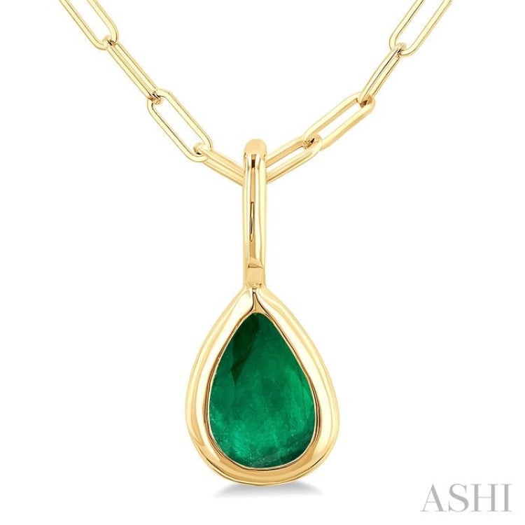 6x4 MM Bezel Set Pear Cut Emerald Precious Fashion Pendant With Paperclip Chain in 14K Yellow Gold