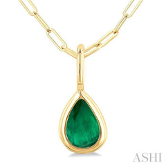 6x4 MM Bezel Set Pear Cut Emerald Precious Fashion Pendant With Paperclip Chain in 14K Yellow Gold