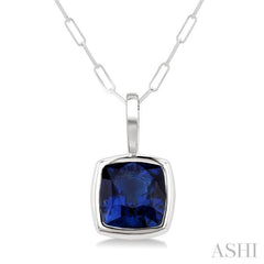 5x5 MM Cushion Cut Bezel Set Sapphire Precious Pendant With Chain in 14K White Gold