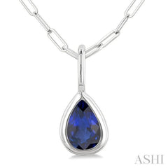6x4 MM Bezel Set Pear Cut Sapphire Precious Fashion Pendant With Paperclip Chain in 14K White Gold