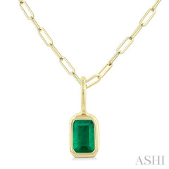 6x4 MM Bezel Set Emerald Precious Fashion Pendant With Paperclip Chain in 10K Yellow Gold