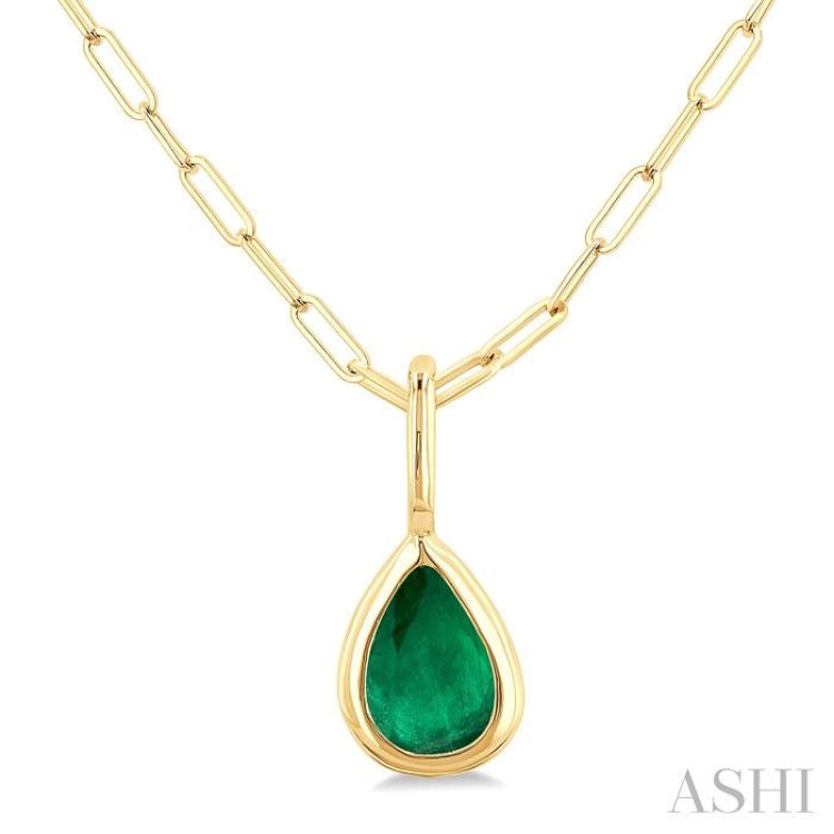 6x4 MM Bezel Set Pear Cut Emerald Precious Fashion Pendant With Paperclip Chain in 10K Yellow Gold