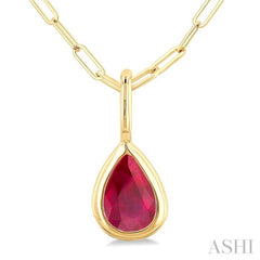 6x4 MM Bezel Set Pear Cut Ruby Precious Fashion Pendant With Paperclip Chain in 10K Yellow Gold