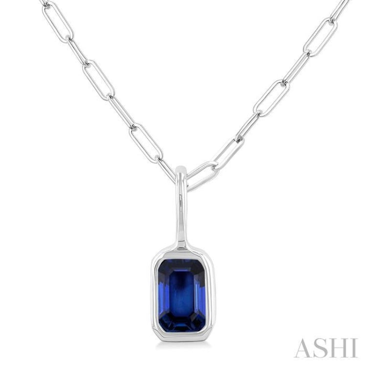 6x4 MM Bezel Set Emerald Cut Sapphire Precious Fashion Pendant With Paperclip Chain in 10K White Gold