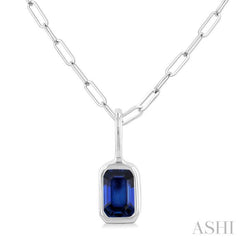 6x4 MM Bezel Set Emerald Cut Sapphire Precious Fashion Pendant With Paperclip Chain in 10K White Gold